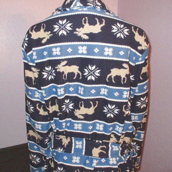 Mens Waffle Knit Wrap Robe Thermal Pockets Moose Fair Isle Knit Belted Cabin EUC - Picture 8 of 10